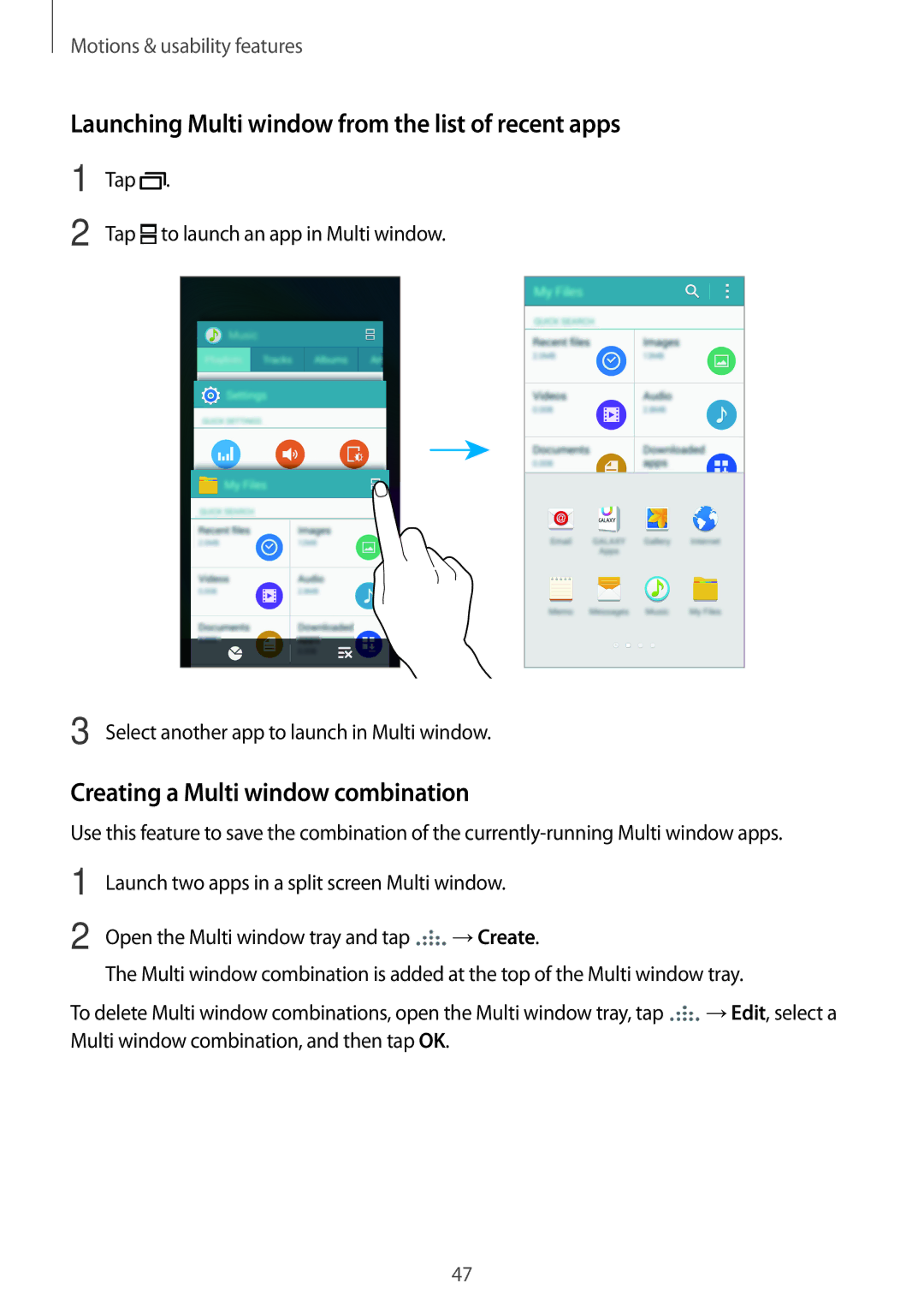 Samsung SM-A700FZWADBT manual Launching Multi window from the list of recent apps, Creating a Multi window combination 