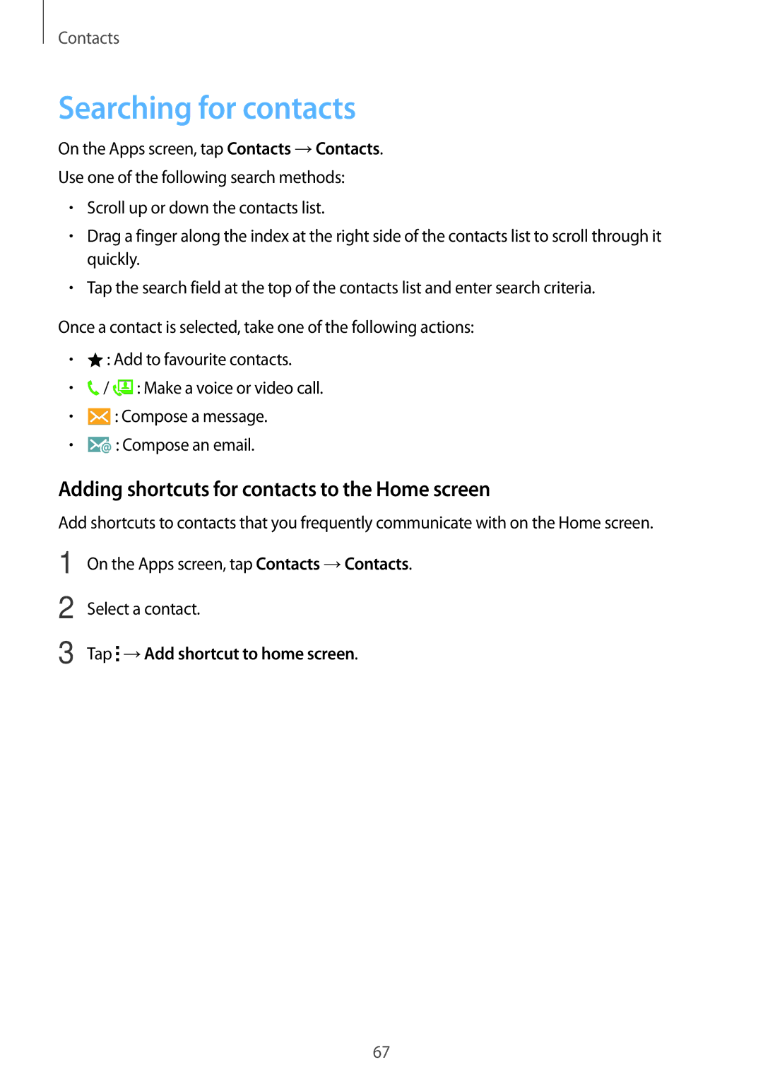 Samsung SM-A700FZDABGL, SM-A700FZKADBT manual Searching for contacts, Adding shortcuts for contacts to the Home screen 