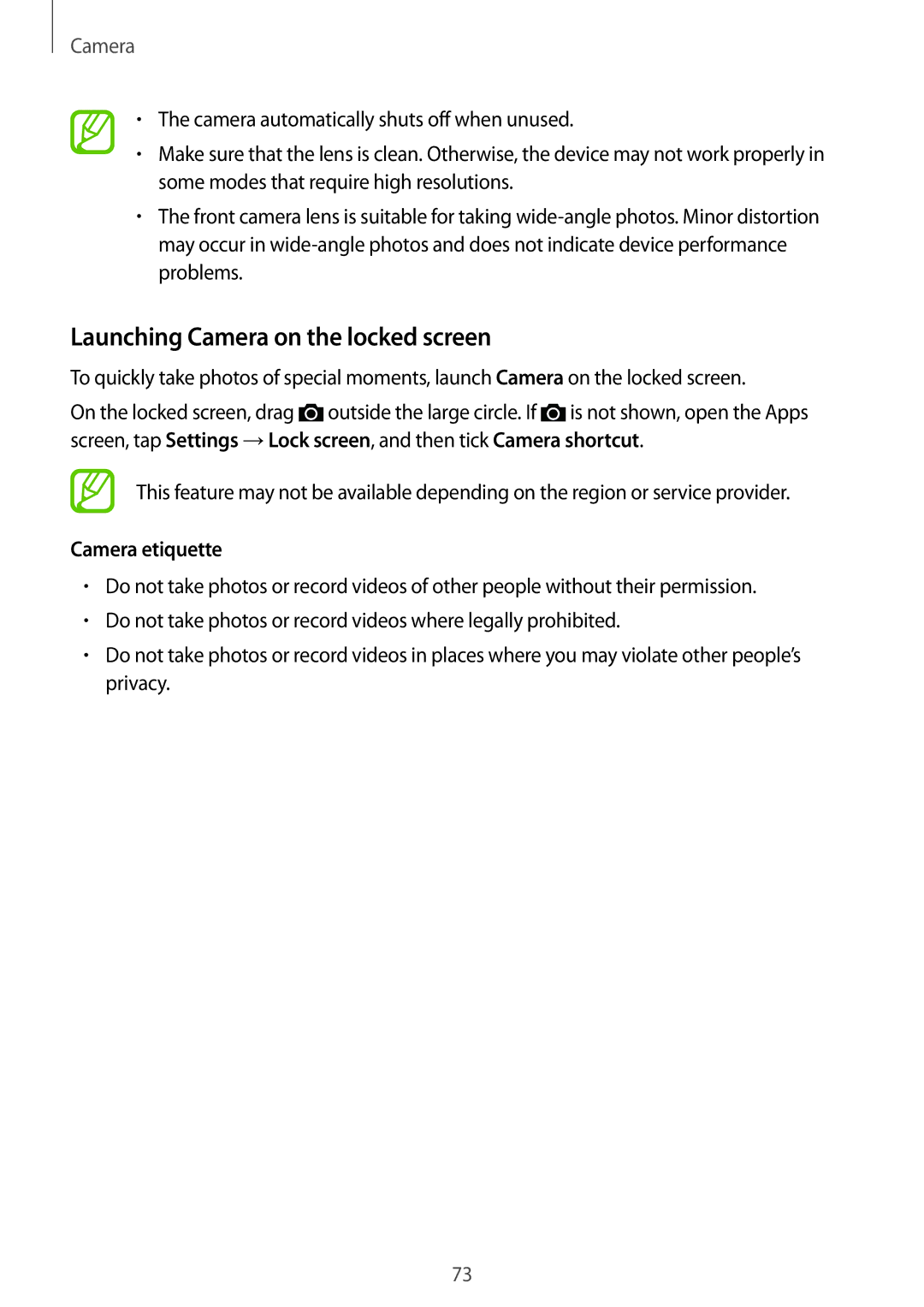 Samsung SM-A700FZKAETL, SM-A700FZKADBT, SM-A700FZKACYO manual Launching Camera on the locked screen, Camera etiquette 