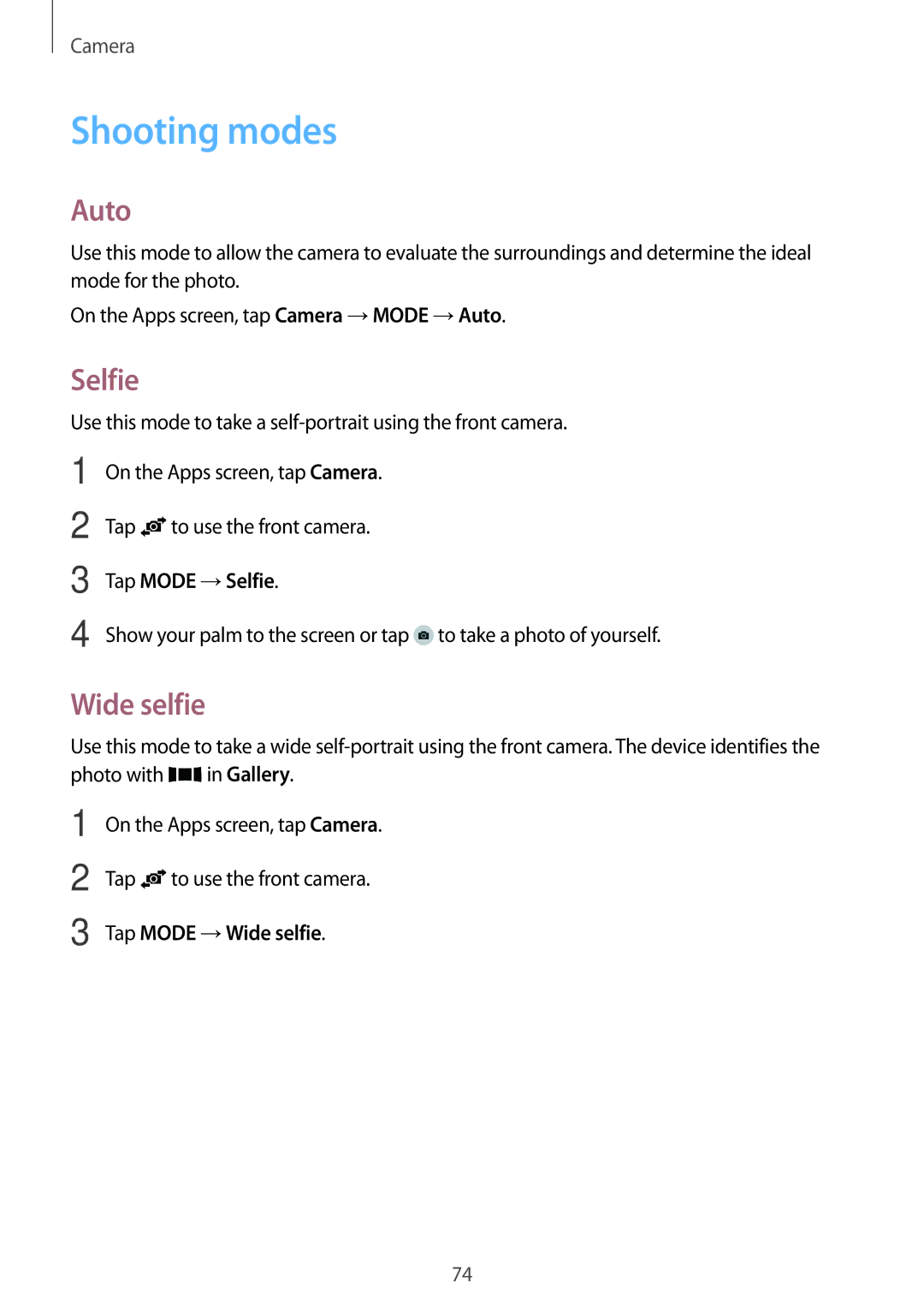 Samsung SM-A700FZKAO2C, SM-A700FZKADBT, SM-A700FZKACYO, SM-A700FZWATPH manual Shooting modes, Auto, Selfie, Wide selfie 