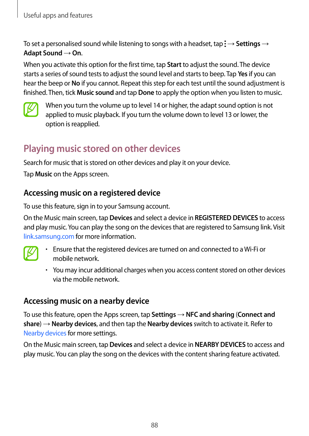 Samsung SM-A700FZWADBT, SM-A700FZKADBT manual Playing music stored on other devices, Accessing music on a registered device 