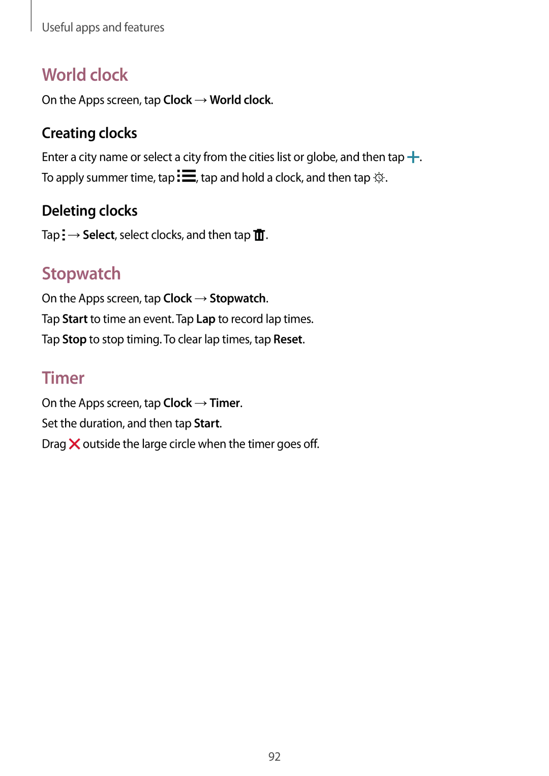 Samsung SM-A700FZKASEB, SM-A700FZKADBT, SM-A700FZKACYO manual World clock, Stopwatch, Timer, Creating clocks, Deleting clocks 