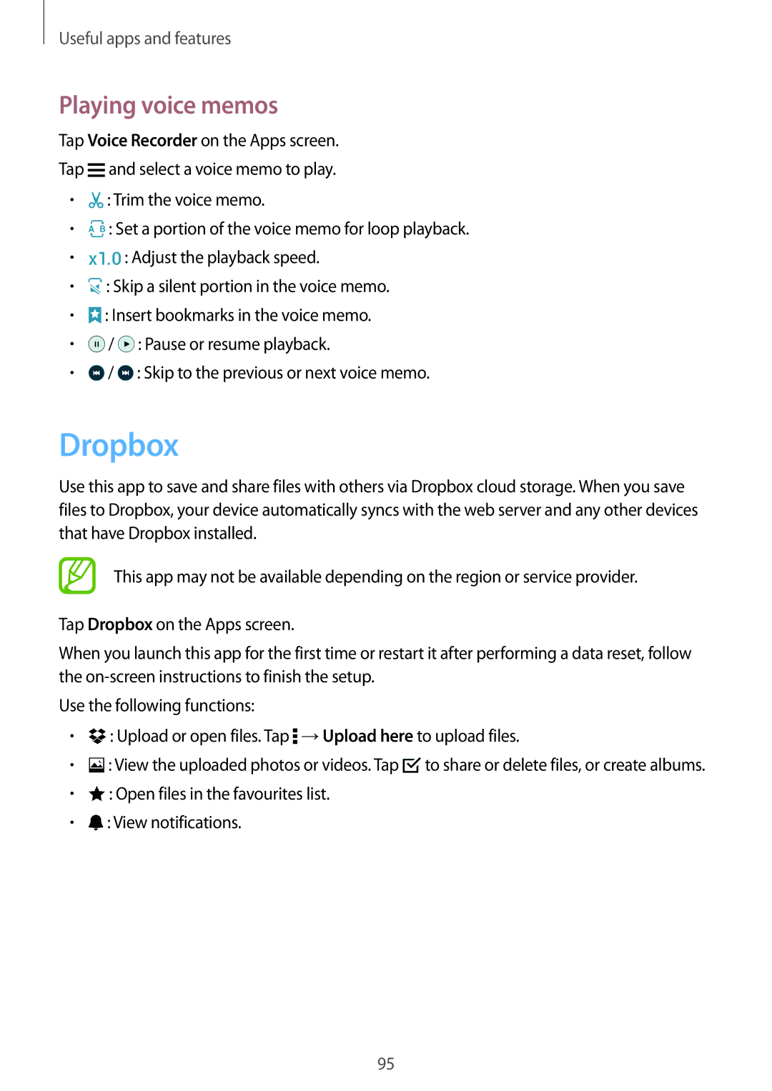 Samsung SM-A700FZDAXEF, SM-A700FZKADBT, SM-A700FZKACYO, SM-A700FZWATPH, SM-A700FZDASEB manual Dropbox, Playing voice memos 