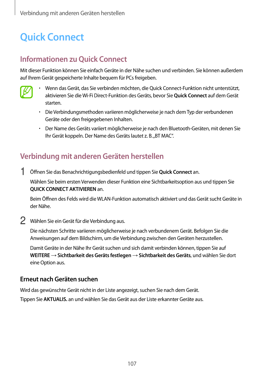 Samsung SM-A700FZWATPH, SM-A700FZKADBT, SM-A700FZKACYO manual Informationen zu Quick Connect, Erneut nach Geräten suchen 