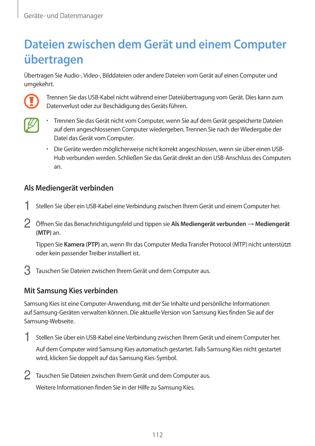 Samsung SM-A700FZKATPH, SM-A700FZKADBT Dateien zwischen dem Gerät und einem Computer übertragen, Als Mediengerät verbinden 