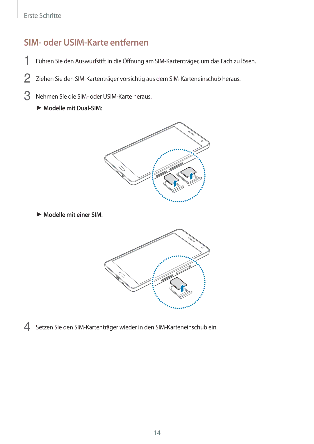 Samsung SM-A700FZWAXEF, SM-A700FZKADBT, SM-A700FZKACYO, SM-A700FZWATPH, SM-A700FZDASEB manual SIM- oder USIM-Karte entfernen 