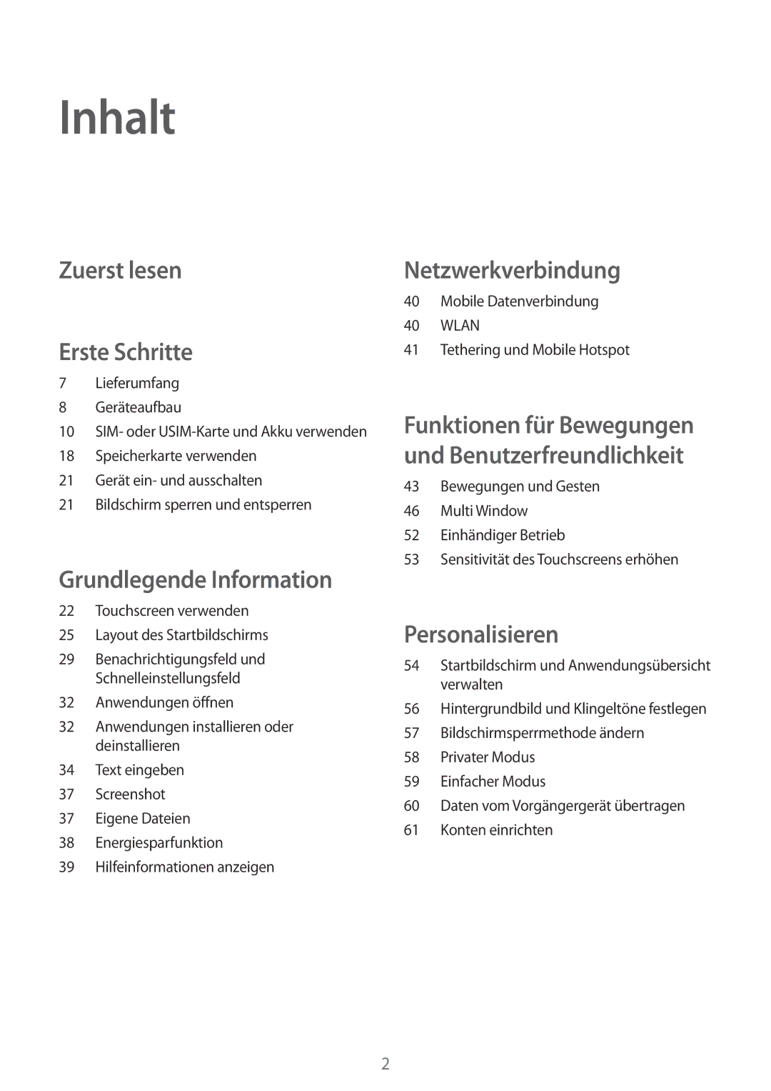 Samsung SM-A700FZWATPH, SM-A700FZKADBT, SM-A700FZKACYO, SM-A700FZDASEB, SM-A700FZDATPH Inhalt, Zuerst lesen Erste Schritte 