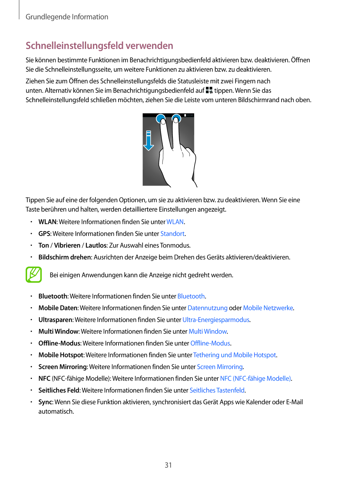 Samsung SM-A700FZKACYO, SM-A700FZKADBT, SM-A700FZWATPH, SM-A700FZDASEB, SM-A700FZDATPH manual Schnelleinstellungsfeld verwenden 