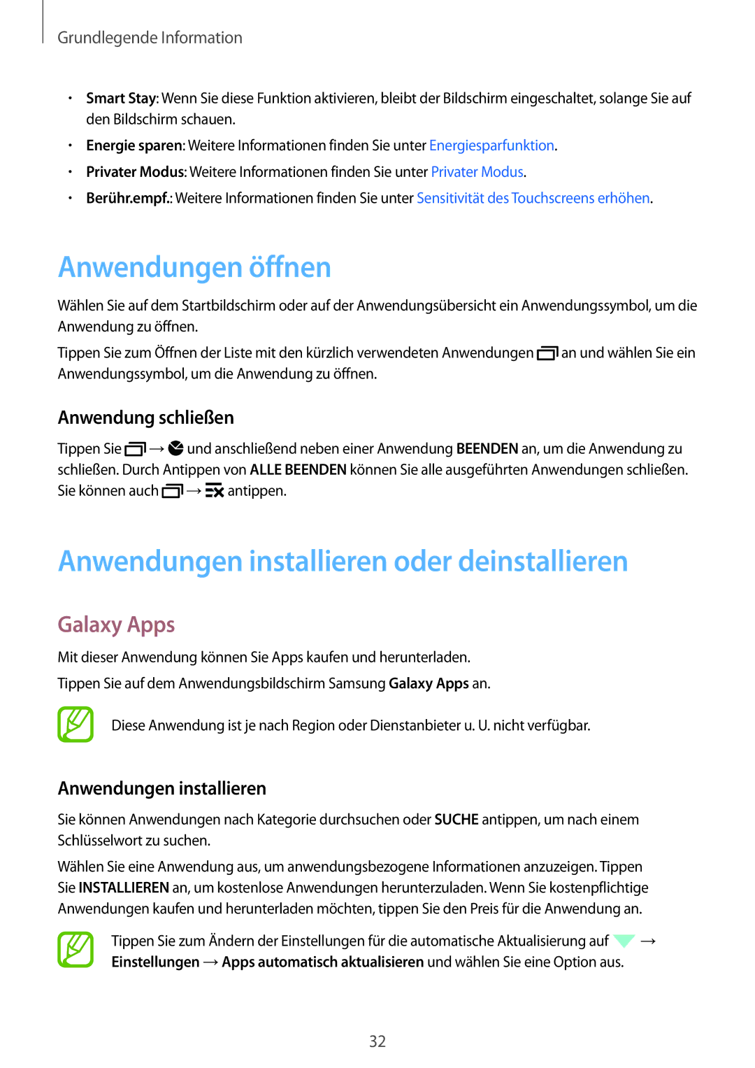 Samsung SM-A700FZWATPH Anwendungen öffnen, Anwendungen installieren oder deinstallieren, Galaxy Apps, Anwendung schließen 