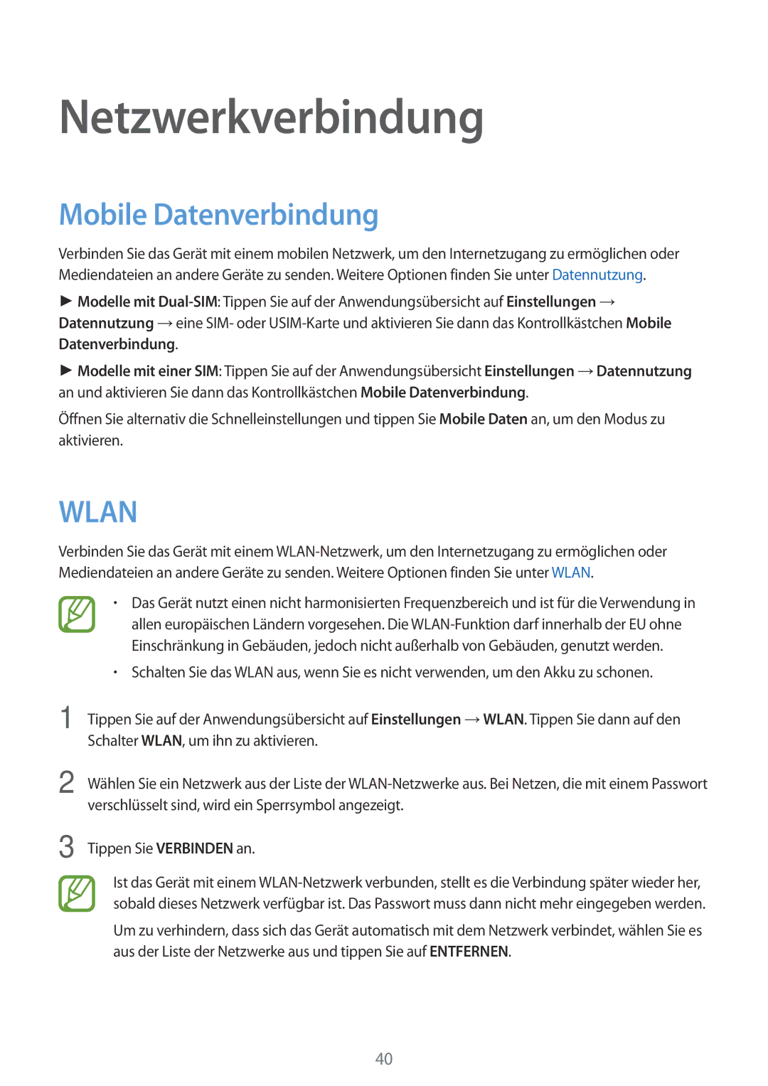 Samsung SM-A700FZKASEB, SM-A700FZKADBT, SM-A700FZKACYO, SM-A700FZWATPH manual Netzwerkverbindung, Mobile Datenverbindung 