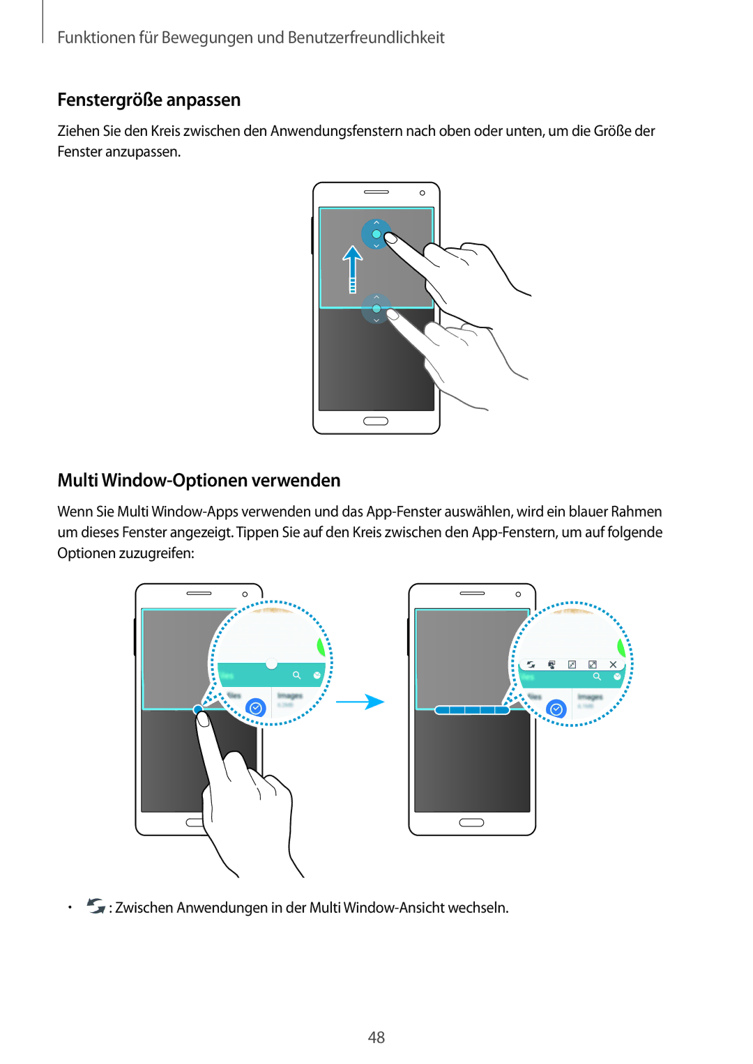 Samsung SM-A700FZDASEB, SM-A700FZKADBT, SM-A700FZKACYO manual Fenstergröße anpassen, Multi Window-Optionen verwenden 