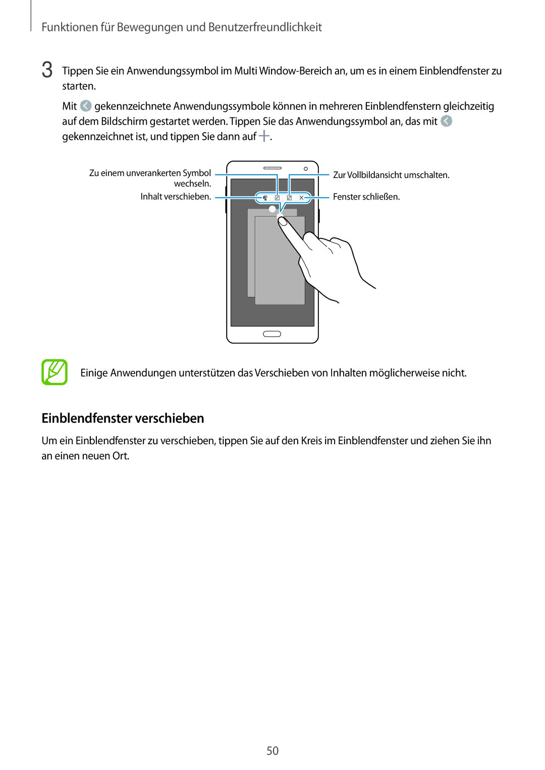 Samsung SM-A700FZWACYO, SM-A700FZKADBT, SM-A700FZKACYO, SM-A700FZWATPH, SM-A700FZDASEB manual Einblendfenster verschieben 