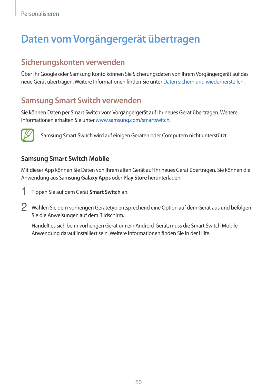 Samsung SM-A700FZKADBT Daten vom Vorgängergerät übertragen, Sicherungskonten verwenden, Samsung Smart Switch verwenden 