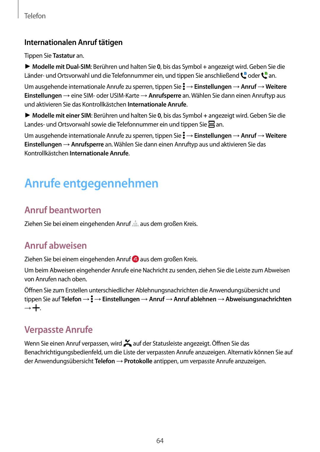 Samsung SM-A700FZDATPH, SM-A700FZKADBT manual Anrufe entgegennehmen, Anruf beantworten, Anruf abweisen, Verpasste Anrufe 