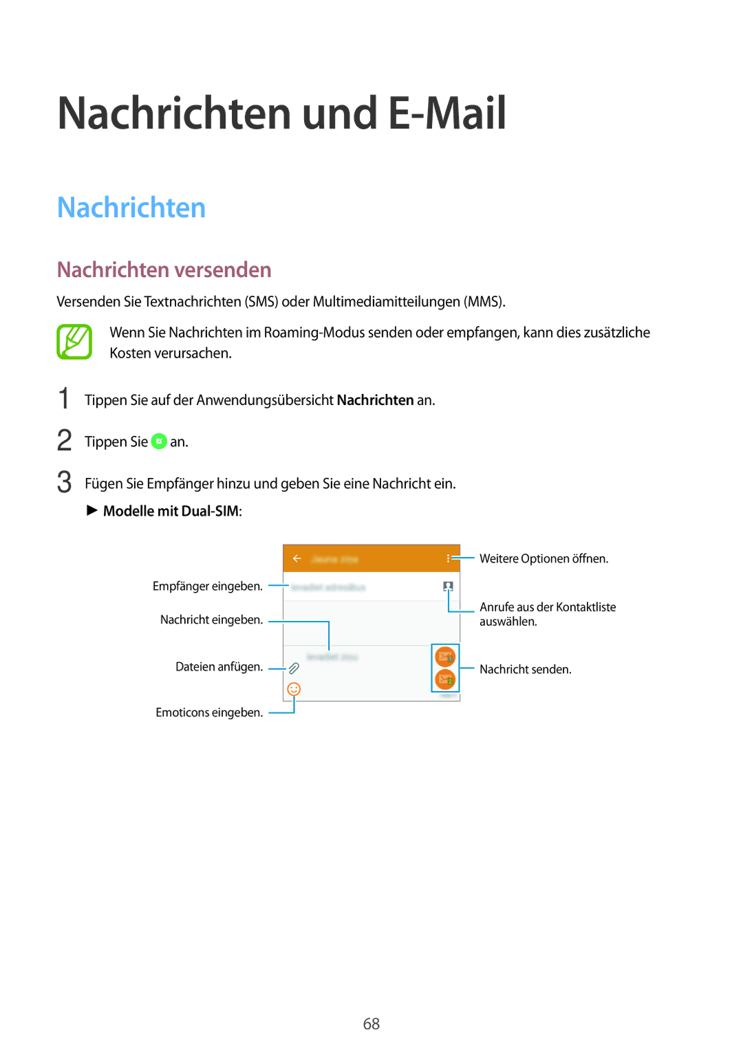 Samsung SM-A700FZKAATO, SM-A700FZKADBT, SM-A700FZKACYO Nachrichten und E-Mail, Nachrichten versenden, Modelle mit Dual-SIM 