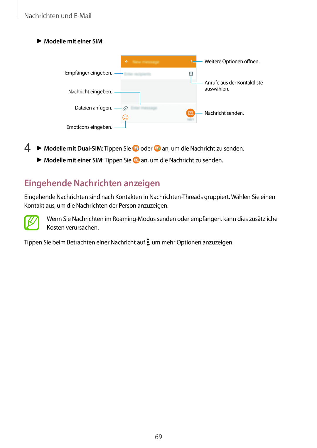 Samsung SM-A700FZWASEB, SM-A700FZKADBT, SM-A700FZKACYO manual Eingehende Nachrichten anzeigen, Nachrichten und E-Mail 