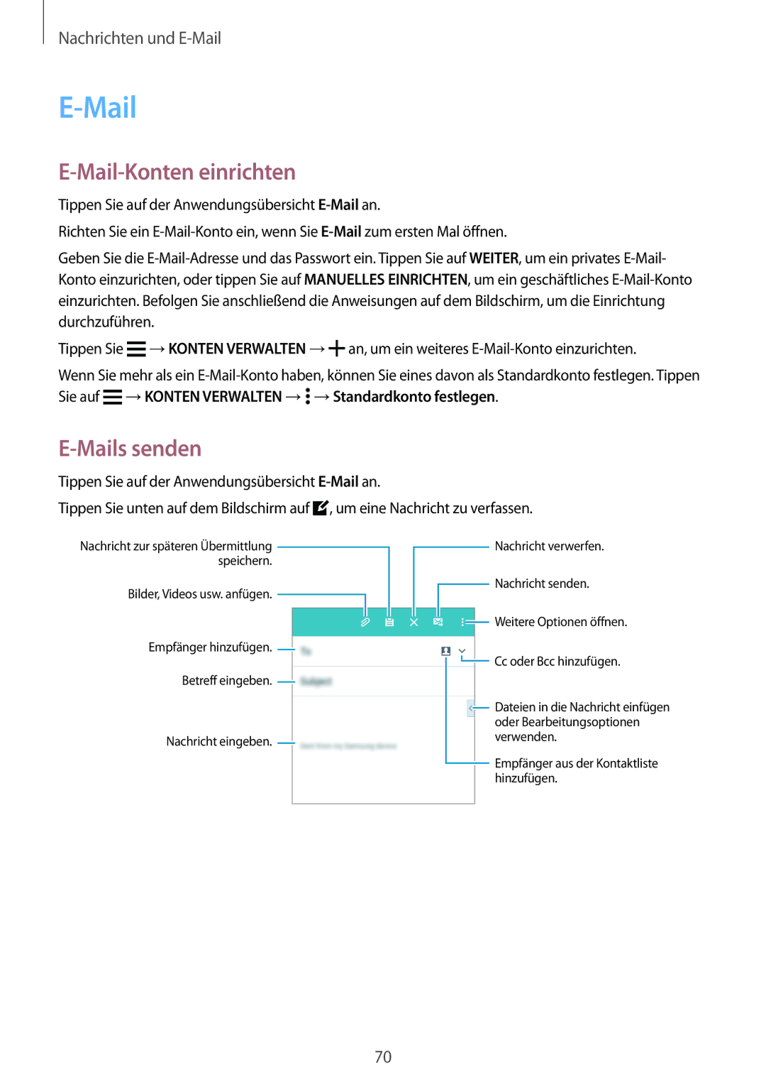 Samsung SM-A700FZKASEB, SM-A700FZKADBT, SM-A700FZKACYO, SM-A700FZWATPH manual Mail-Konten einrichten, Mails senden 