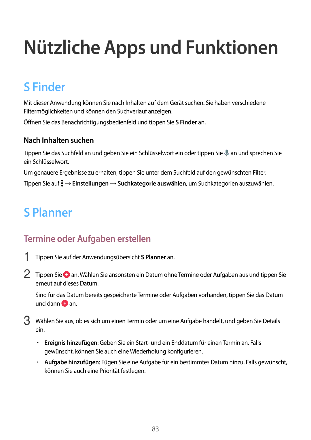 Samsung SM-A700FZKAATO, SM-A700FZKADBT manual Finder, Planner, Termine oder Aufgaben erstellen, Nach Inhalten suchen 