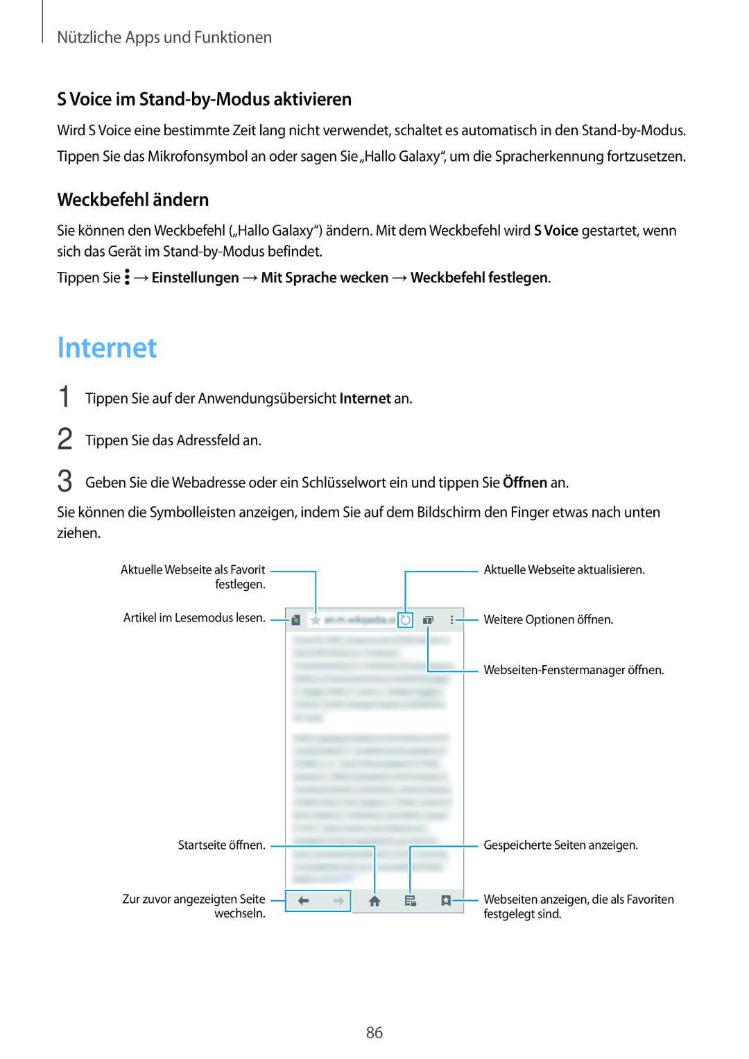 Samsung SM-A700FZDAATO, SM-A700FZKADBT, SM-A700FZKACYO manual Internet, Voice im Stand-by-Modus aktivieren, Weckbefehl ändern 