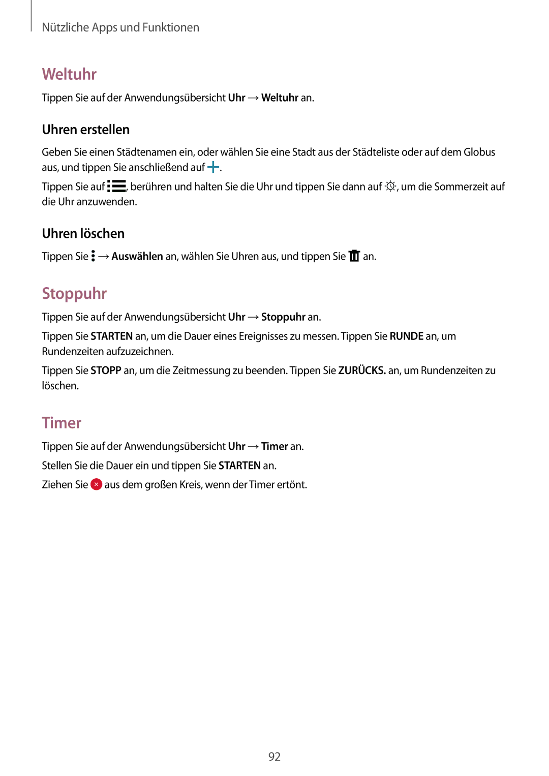 Samsung SM-A700FZWATPH, SM-A700FZKADBT, SM-A700FZKACYO manual Weltuhr, Stoppuhr, Timer, Uhren erstellen, Uhren löschen 