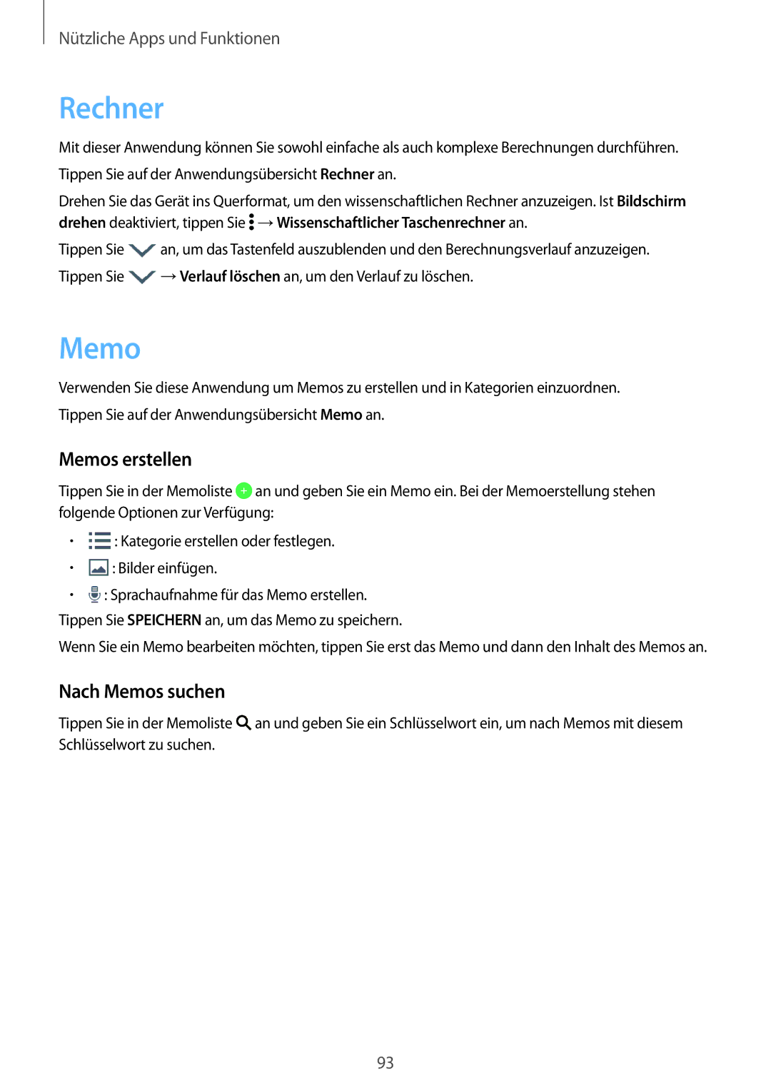 Samsung SM-A700FZDASEB, SM-A700FZKADBT, SM-A700FZKACYO, SM-A700FZWATPH manual Rechner, Memos erstellen, Nach Memos suchen 