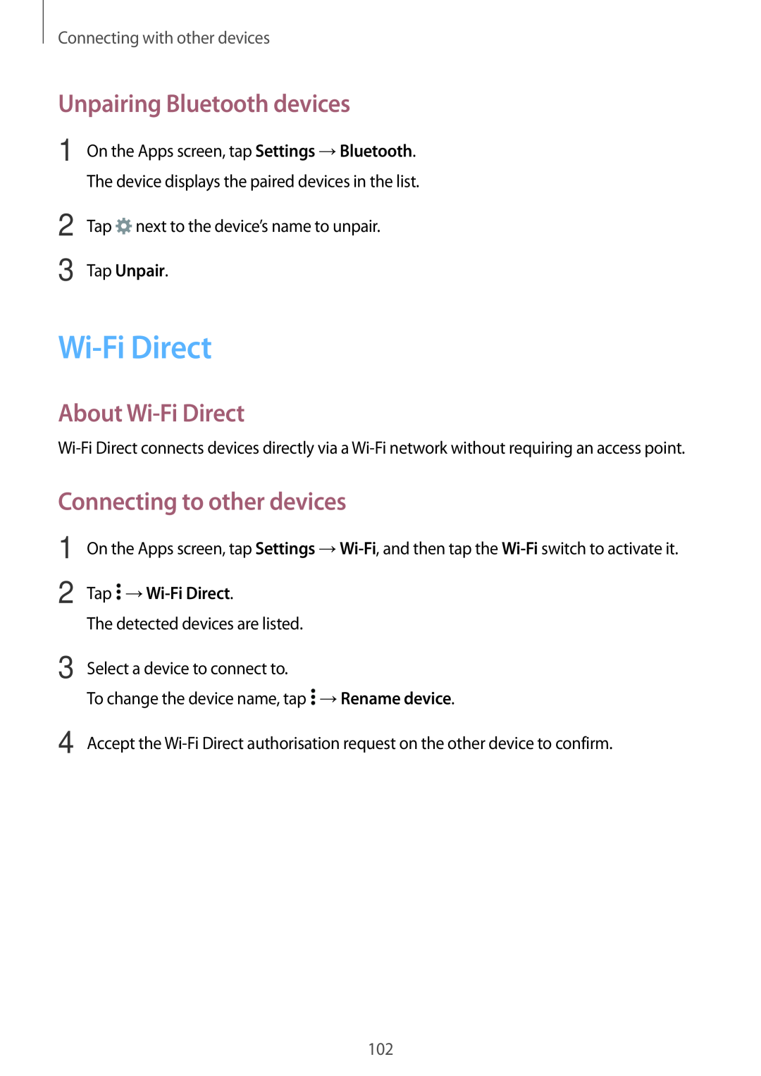 Samsung SM-A700FZWDKSA manual Unpairing Bluetooth devices, About Wi-Fi Direct, Connecting to other devices, Tap Unpair 