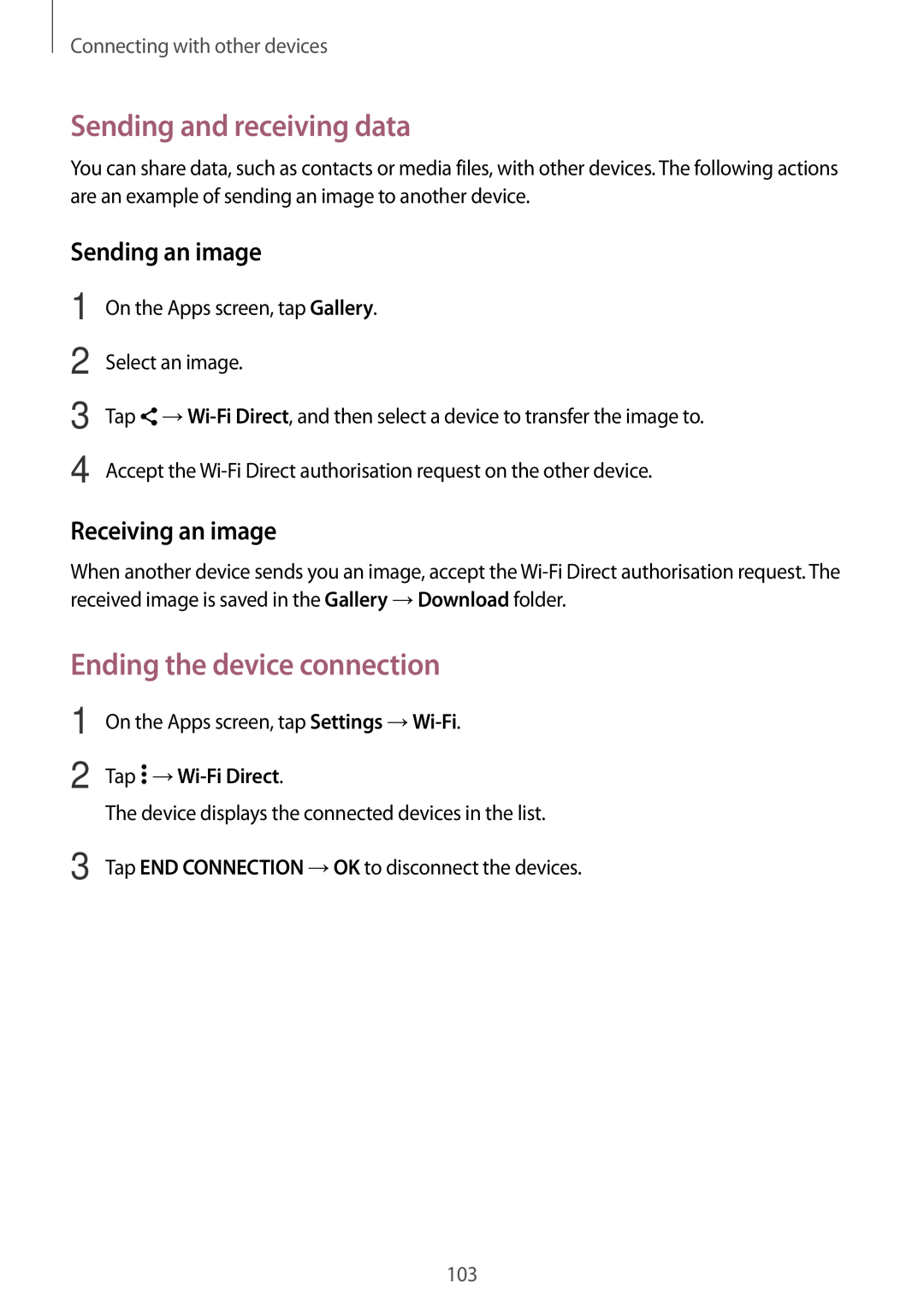 Samsung SM-A700FZDDKSA Ending the device connection, Sending and receiving data, Sending an image, Receiving an image 