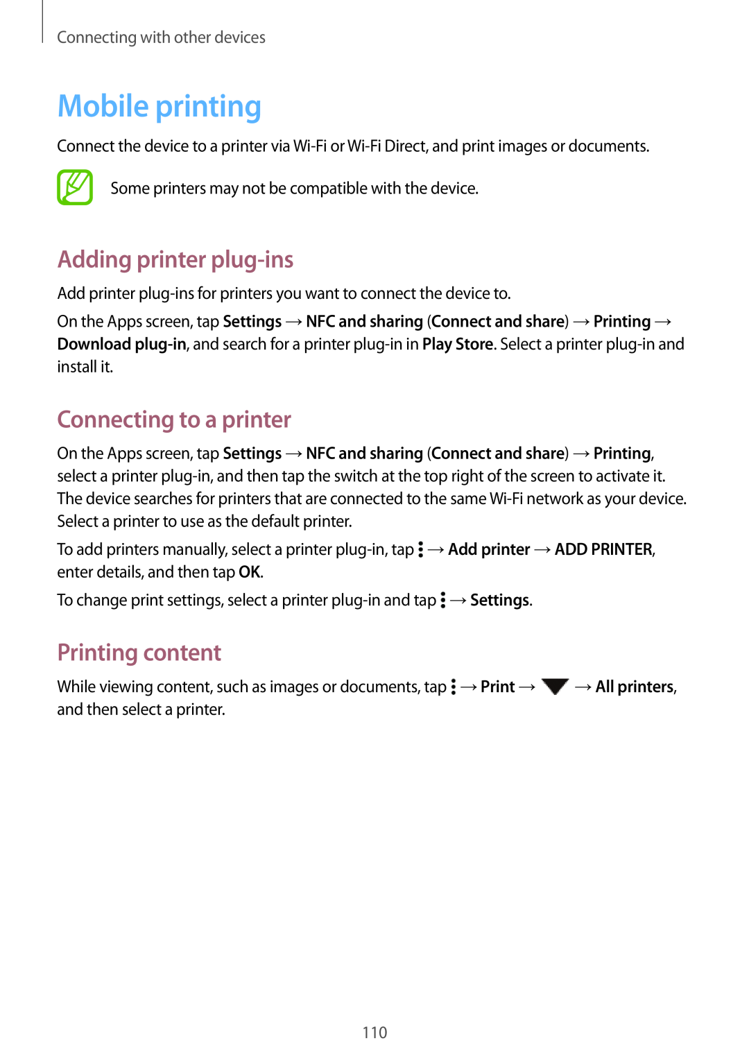 Samsung SM-A700FZWAATO, SM-A700FZKADBT Mobile printing, Adding printer plug-ins, Connecting to a printer, Printing content 