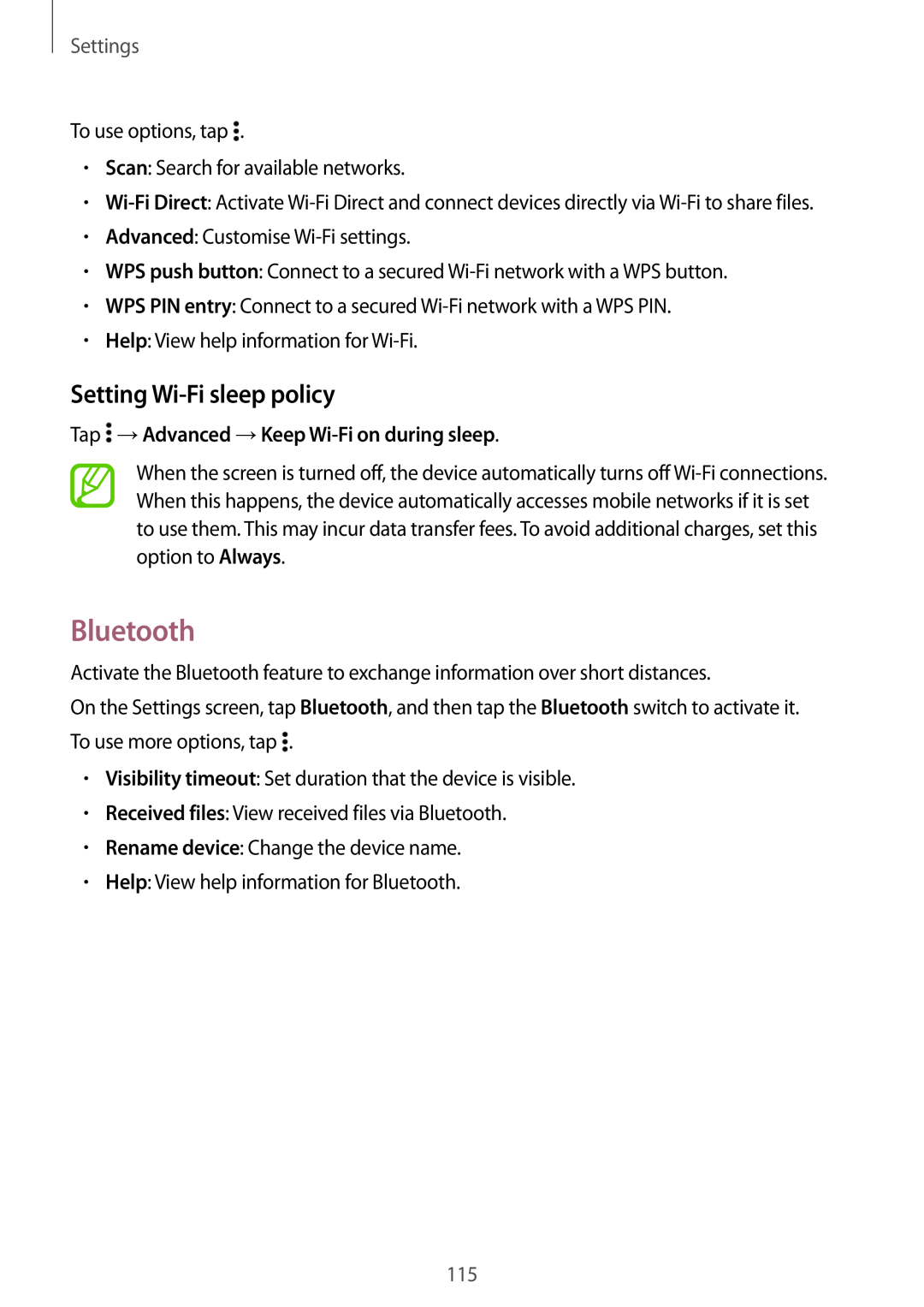 Samsung SM-A700FZDAXEH manual Bluetooth, Setting Wi-Fi sleep policy, Settings, Tap →Advanced →Keep Wi-Fi on during sleep 