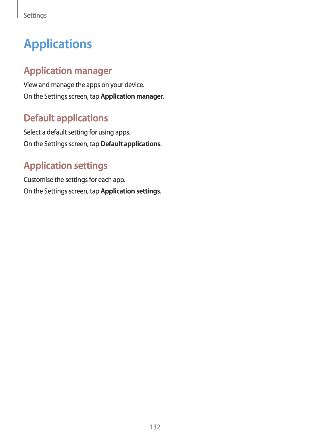Samsung SM-A700FZKAXEF manual Applications, Application manager, Default applications, Application settings, Settings 