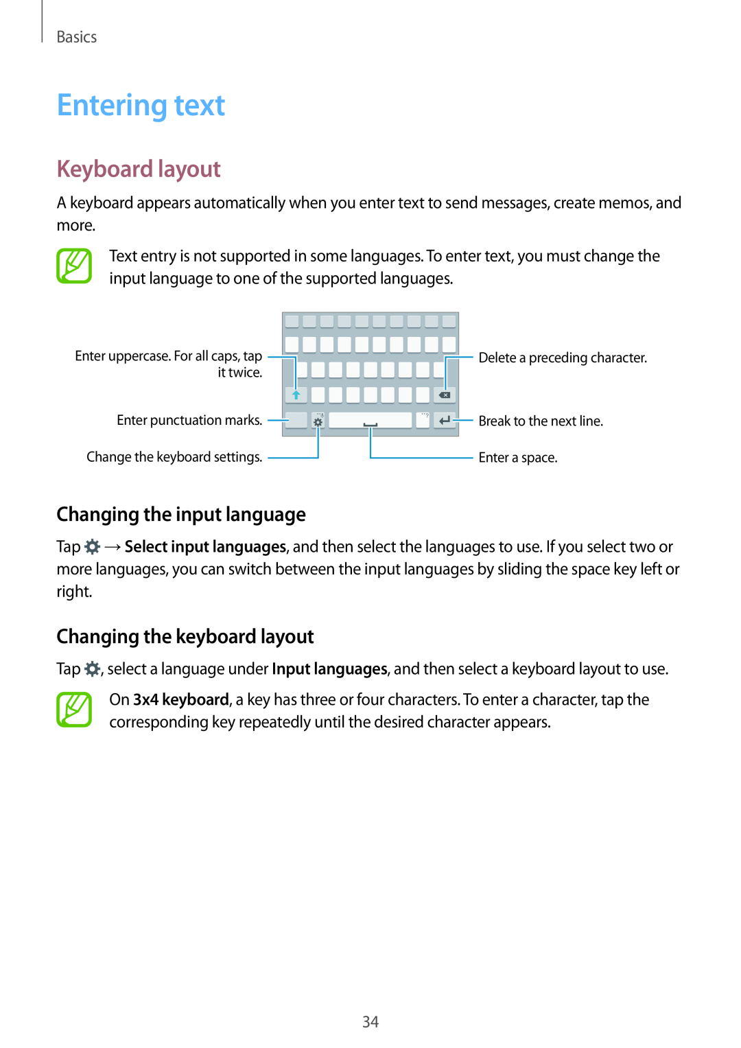 Samsung SM-A700FZKAXEH Entering text, Keyboard layout, Changing the input language, Changing the keyboard layout, Basics 