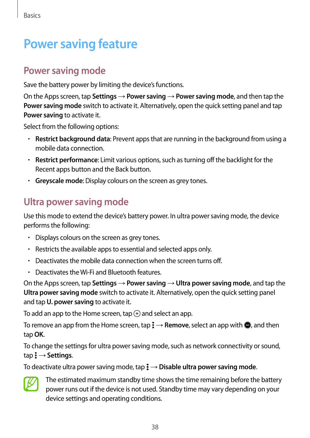 Samsung SM-A700FZWANEE, SM-A700FZKADBT manual Power saving feature, Power saving mode, Ultra power saving mode, Basics 