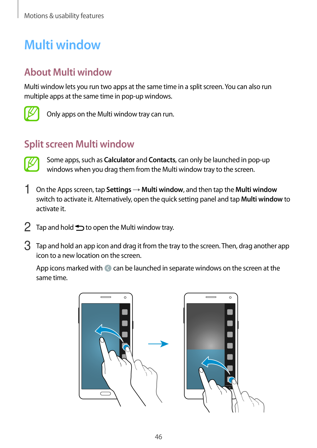 Samsung SM-A700FZWADBT, SM-A700FZKADBT About Multi window, Split screen Multi window, Motions & usability features 