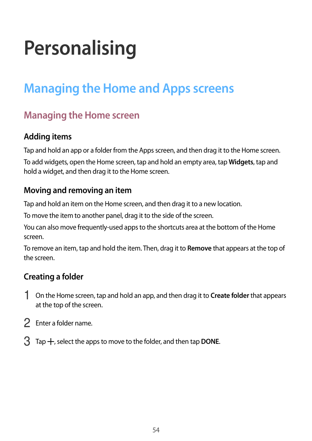 Samsung SM-A700FZWAFTM manual Personalising, Managing the Home and Apps screens, Managing the Home screen, Adding items 
