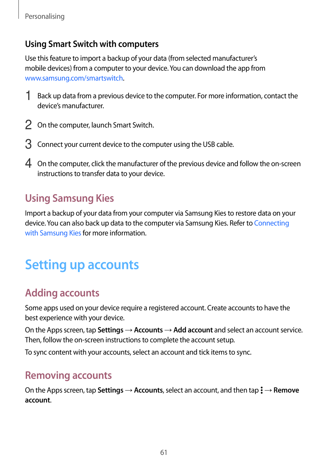 Samsung SM-A700FZKAPHE manual Setting up accounts, Using Samsung Kies, Adding accounts, Removing accounts, Personalising 