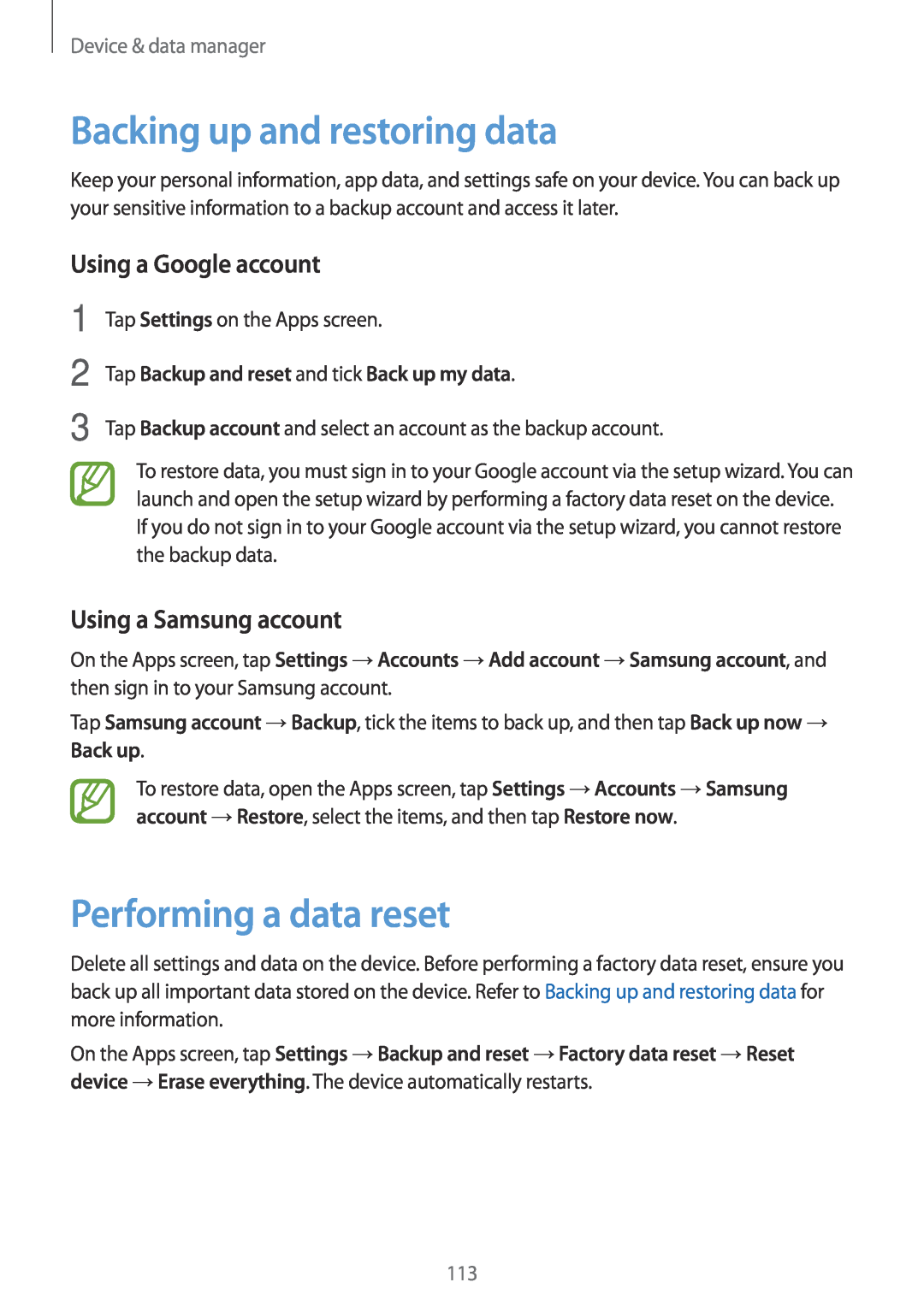 Samsung SM-A700FZWAATO, SM-A700FZKADBT manual Backing up and restoring data, Performing a data reset, Using a Google account 