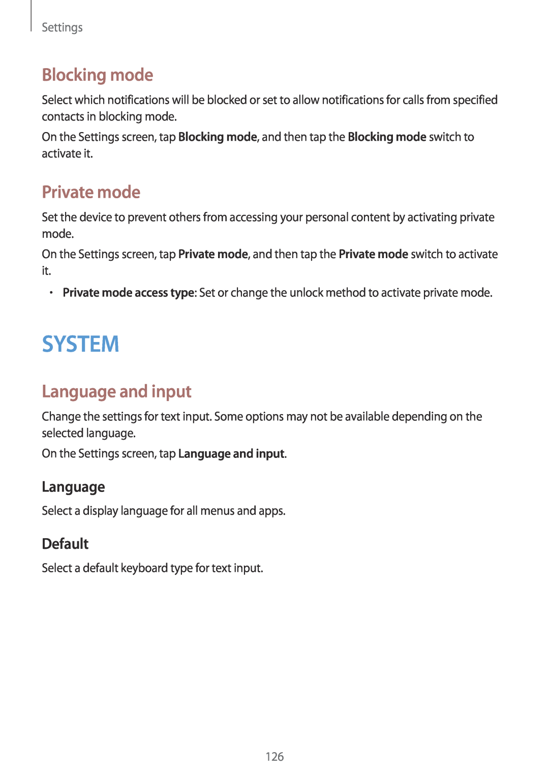 Samsung SM-A700FZDASEB, SM-A700FZKADBT manual System, Blocking mode, Private mode, Language and input, Default, Settings 
