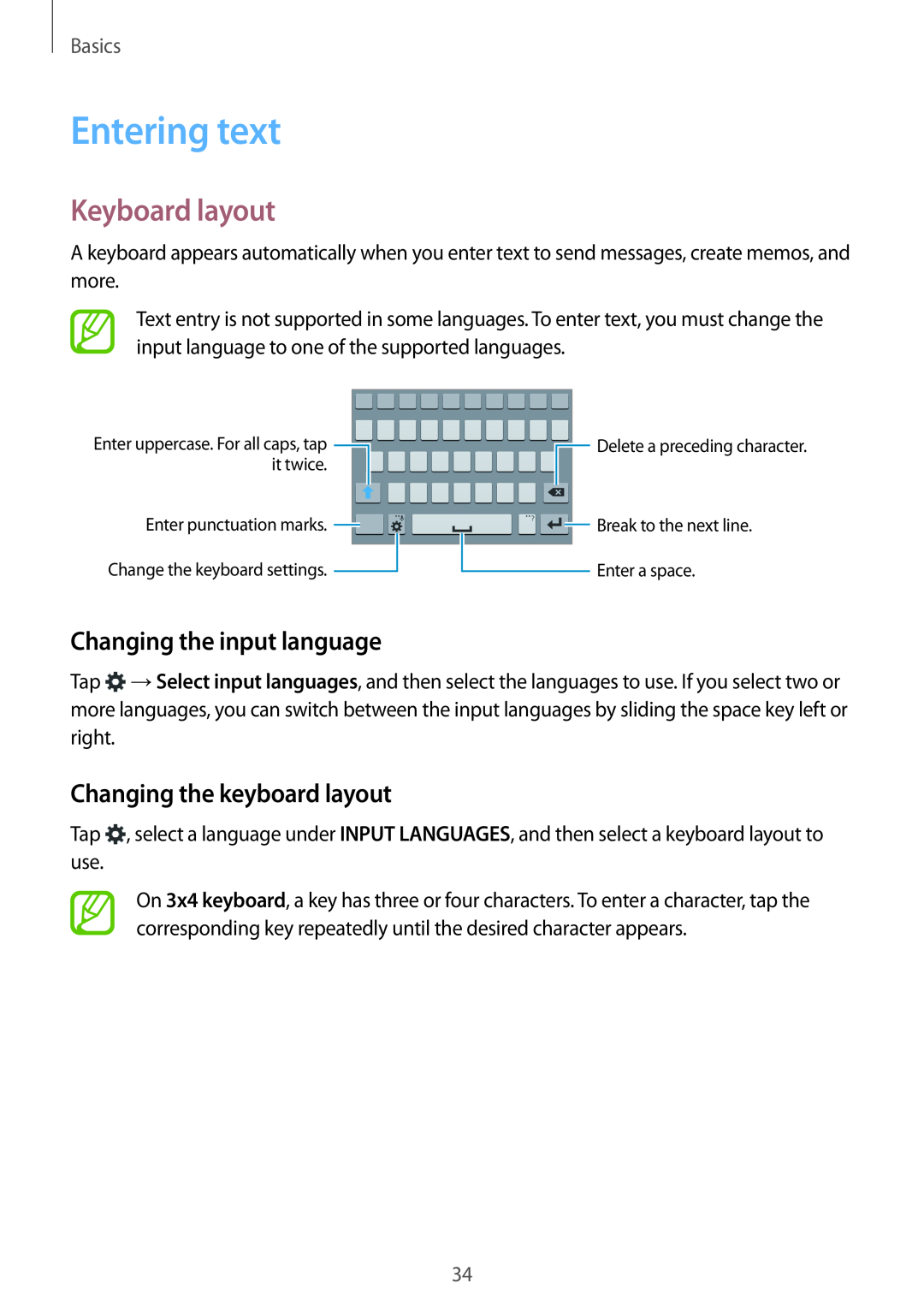Samsung SM-A700FZWAO2C Entering text, Keyboard layout, Changing the input language, Changing the keyboard layout, Basics 
