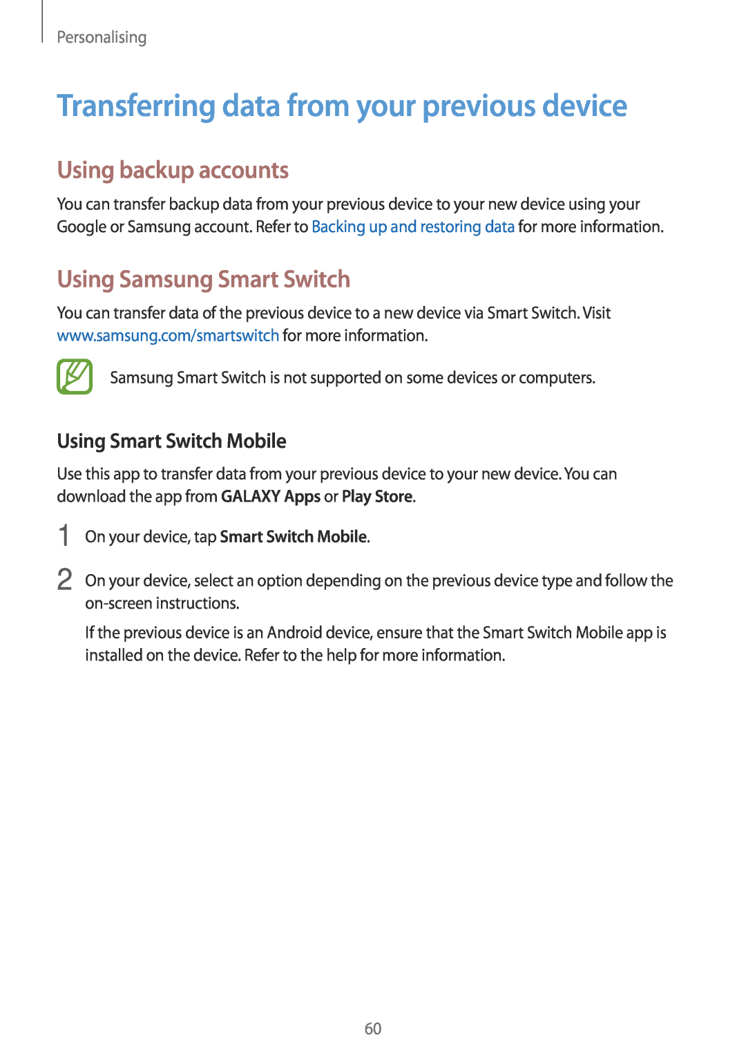Samsung SM-A700FZWAITV Transferring data from your previous device, Using backup accounts, Using Samsung Smart Switch 