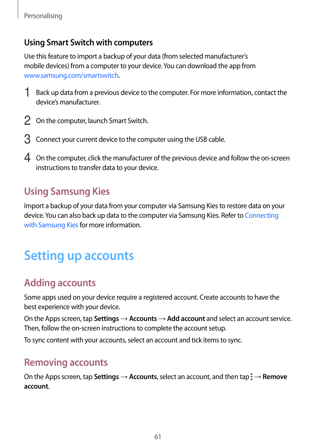 Samsung SM-A700FZKAITV manual Setting up accounts, Using Samsung Kies, Adding accounts, Removing accounts, Personalising 