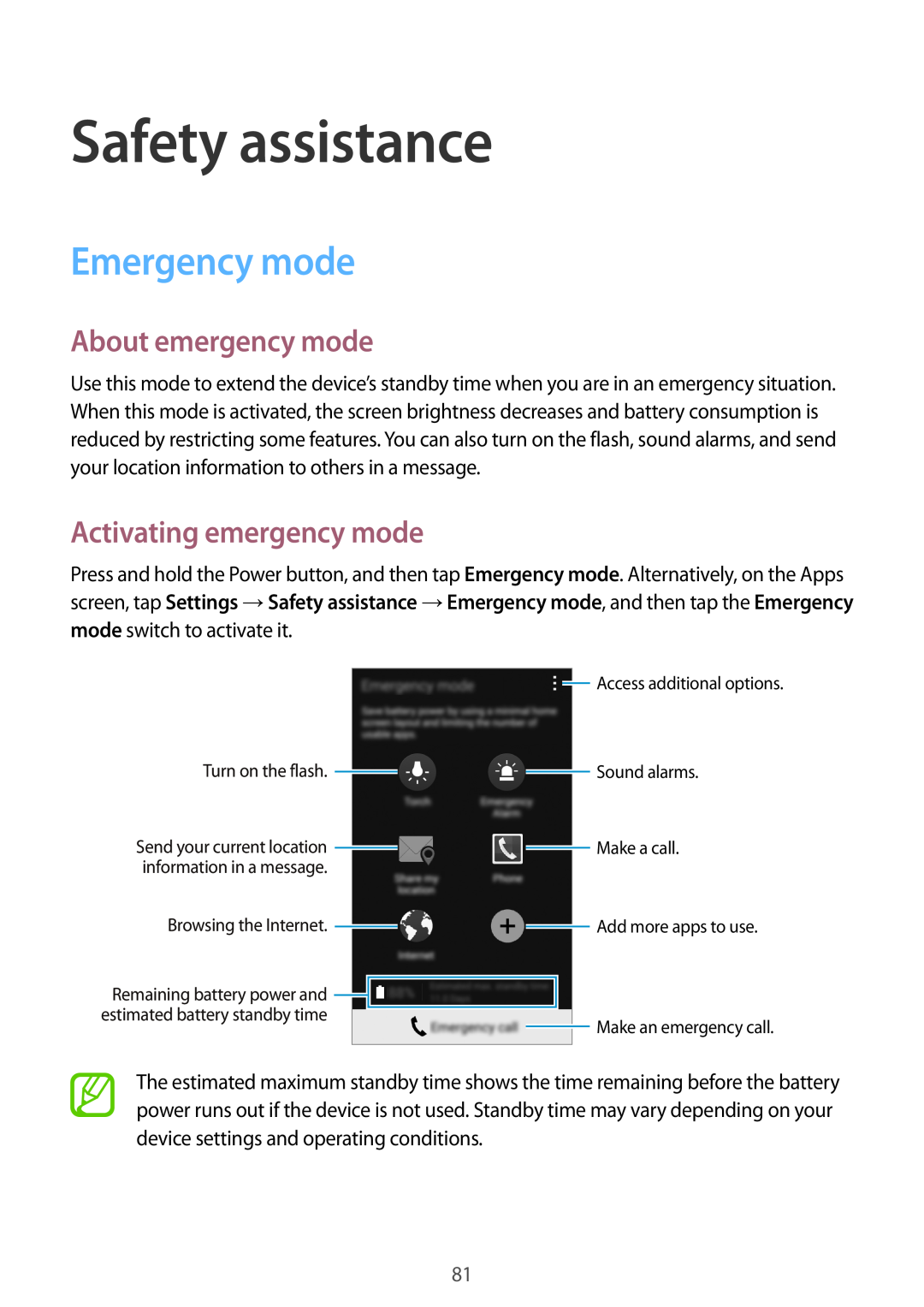 Samsung SM-A700FZDDSER, SM-A700FZKADBT Safety assistance, Emergency mode, About emergency mode, Activating emergency mode 
