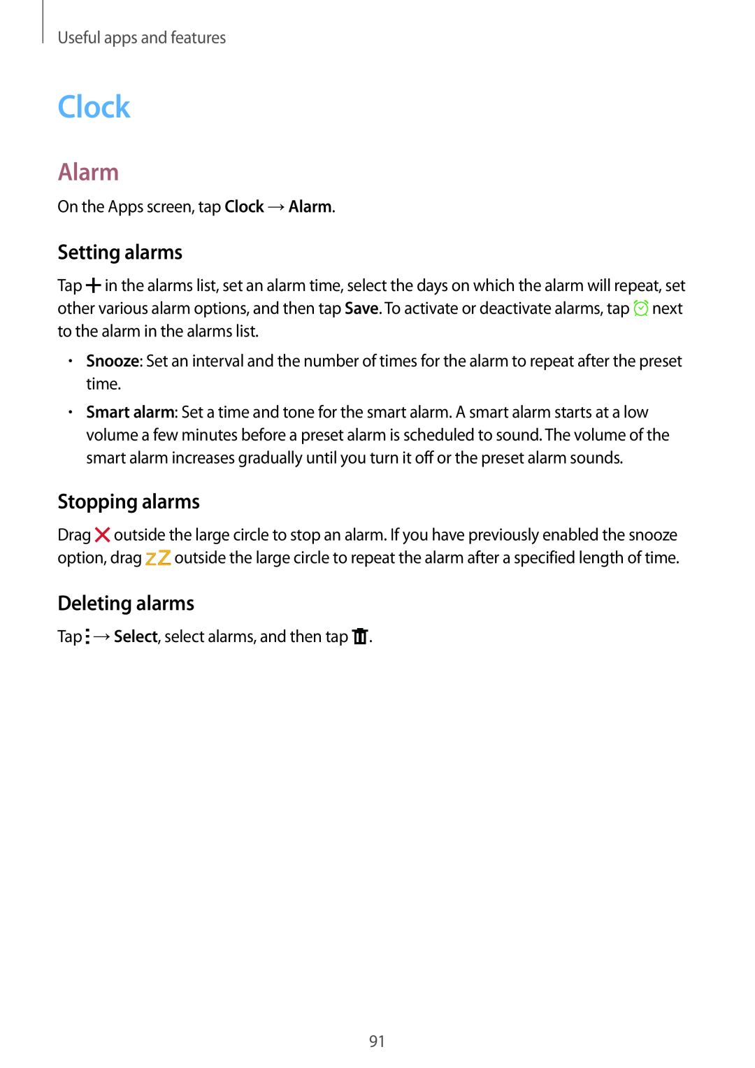 Samsung SM-A700FZWASEB manual Clock, Alarm, Setting alarms, Stopping alarms, Deleting alarms, Useful apps and features 