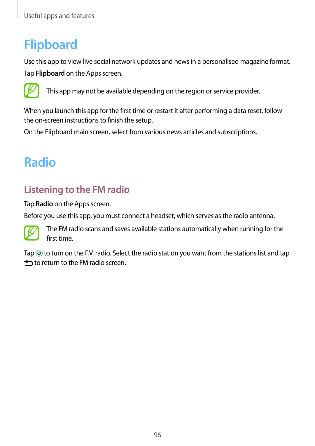 Samsung SM-A700FZWAFTM, SM-A700FZKADBT manual Flipboard, Radio, Listening to the FM radio, Useful apps and features 