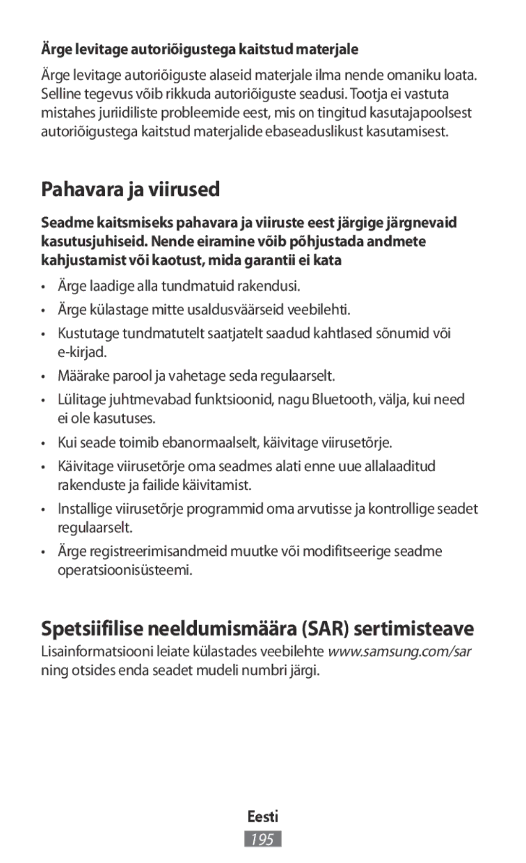 Samsung SM-T285NZKAXEZ, SM-A700FZKADBT manual Pahavara ja viirused, Ärge levitage autoriõigustega kaitstud materjale 