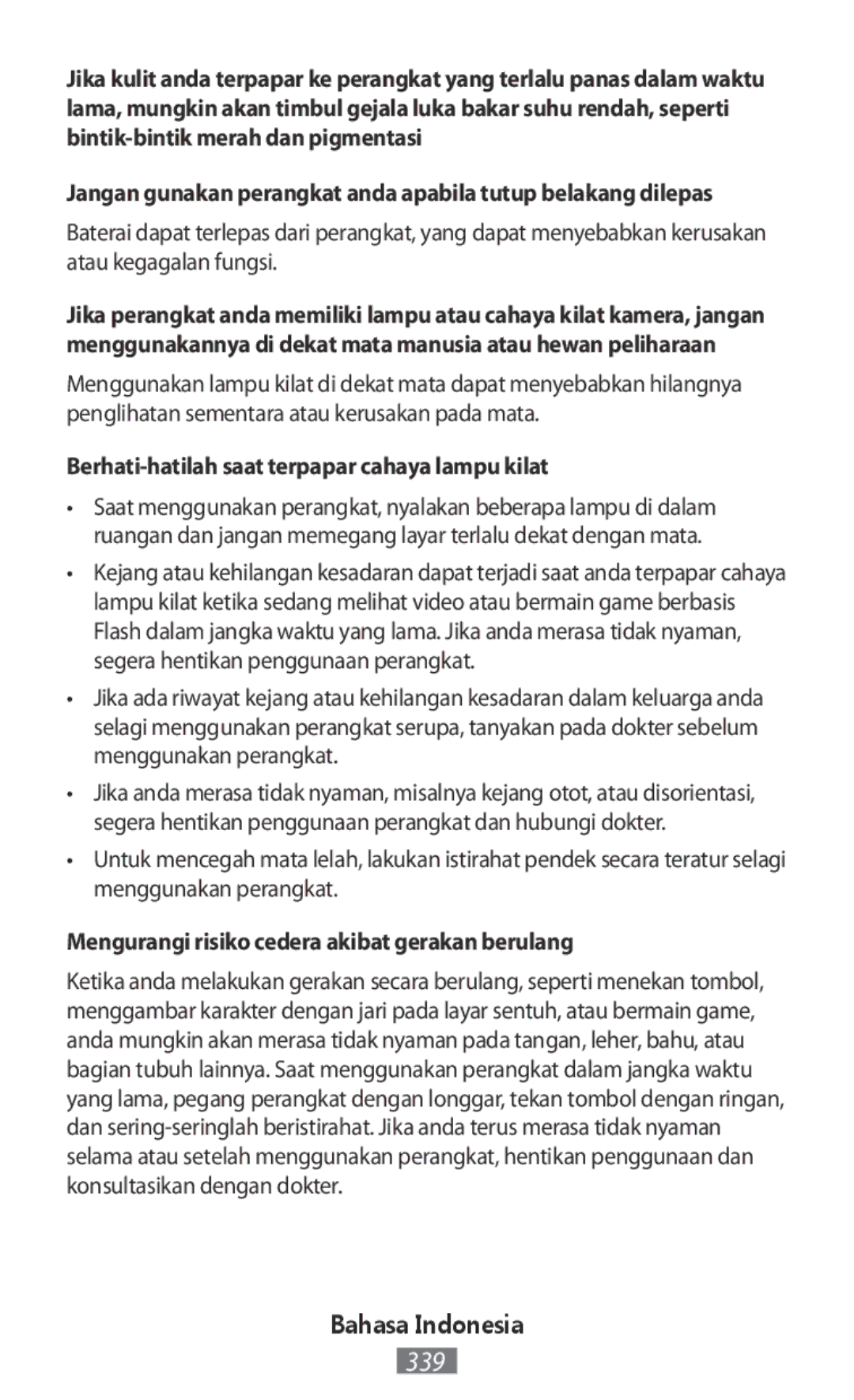 Samsung SM-G930FZSADBT Berhati-hatilah saat terpapar cahaya lampu kilat, Mengurangi risiko cedera akibat gerakan berulang 