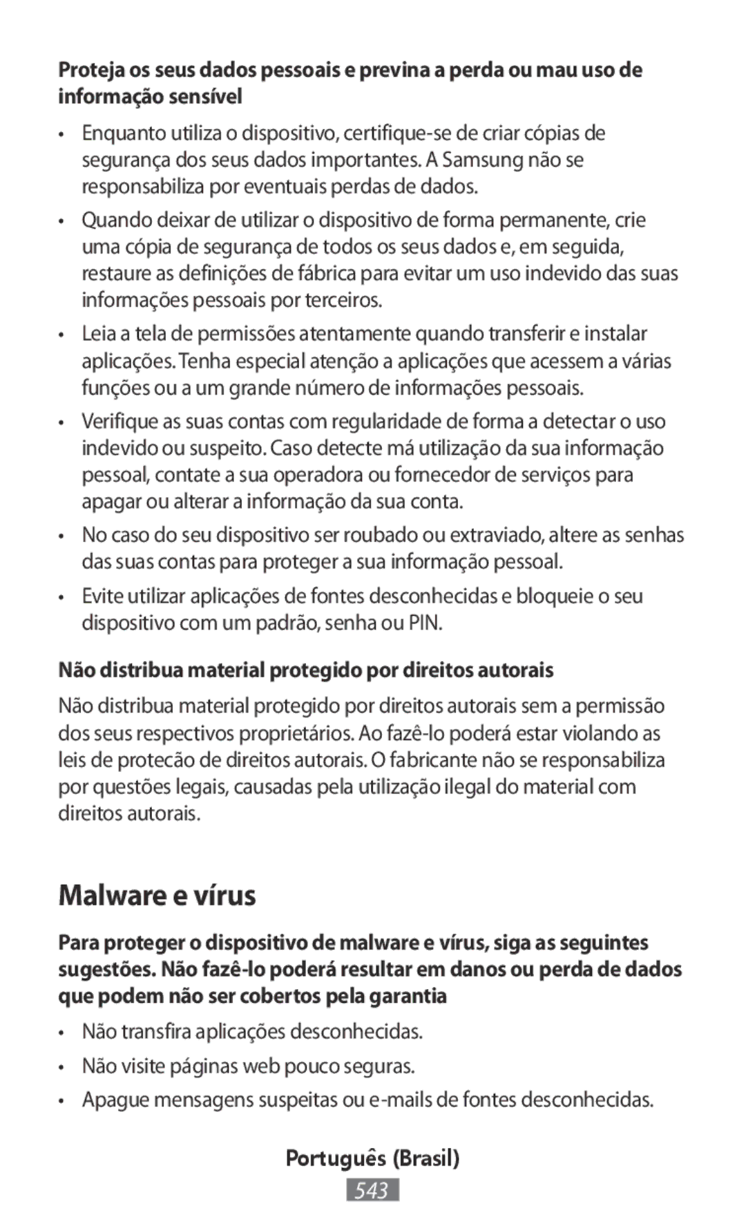 Samsung SM-P6050ZWEXSK, SM-A700FZKADBT manual Malware e vírus, Não distribua material protegido por direitos autorais 