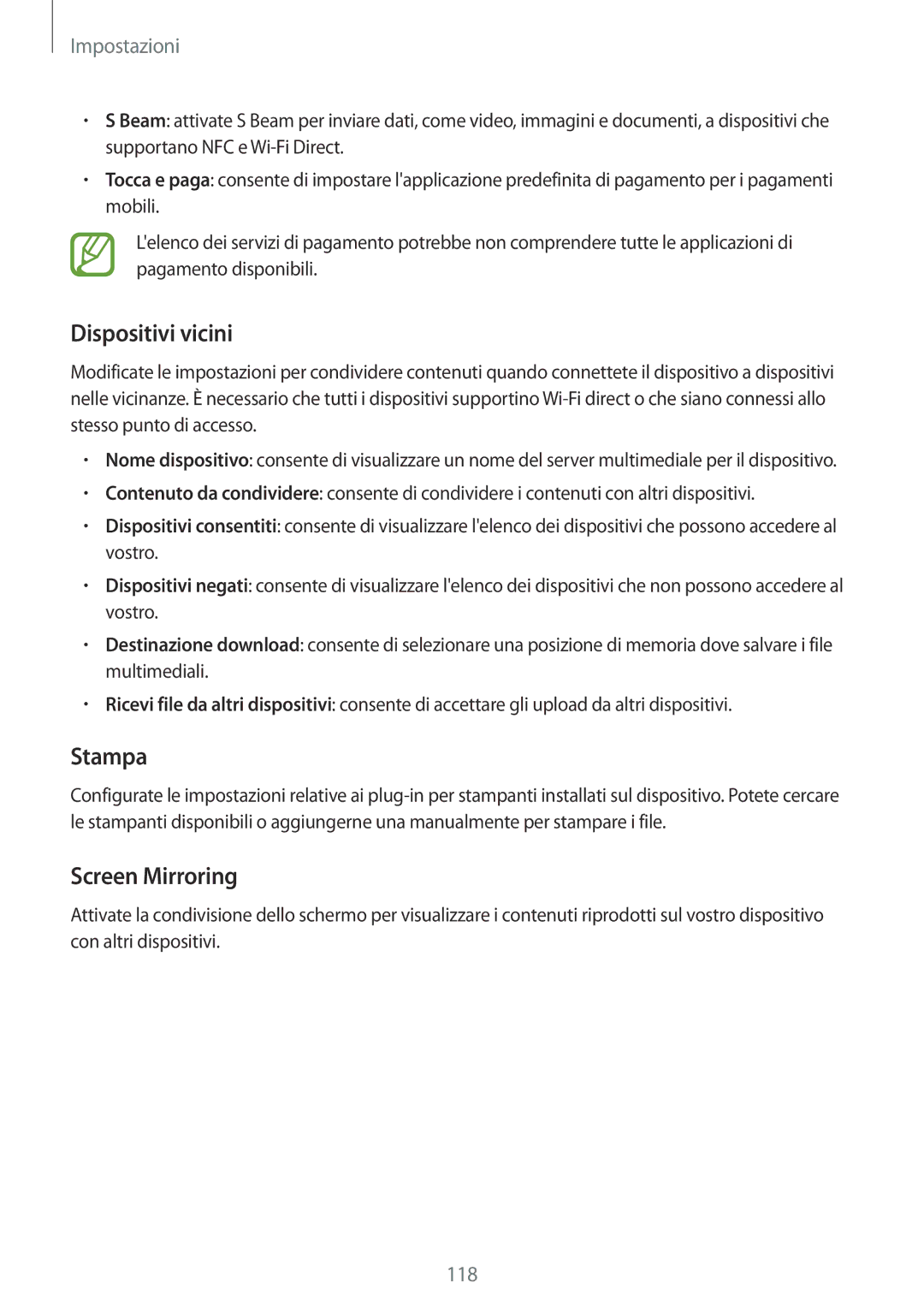 Samsung SM-A700FZWAITV, SM-A700FZKADBT, SM-A700FZWADBT, SM-A700FZWAXEF manual Dispositivi vicini, Stampa, Screen Mirroring 