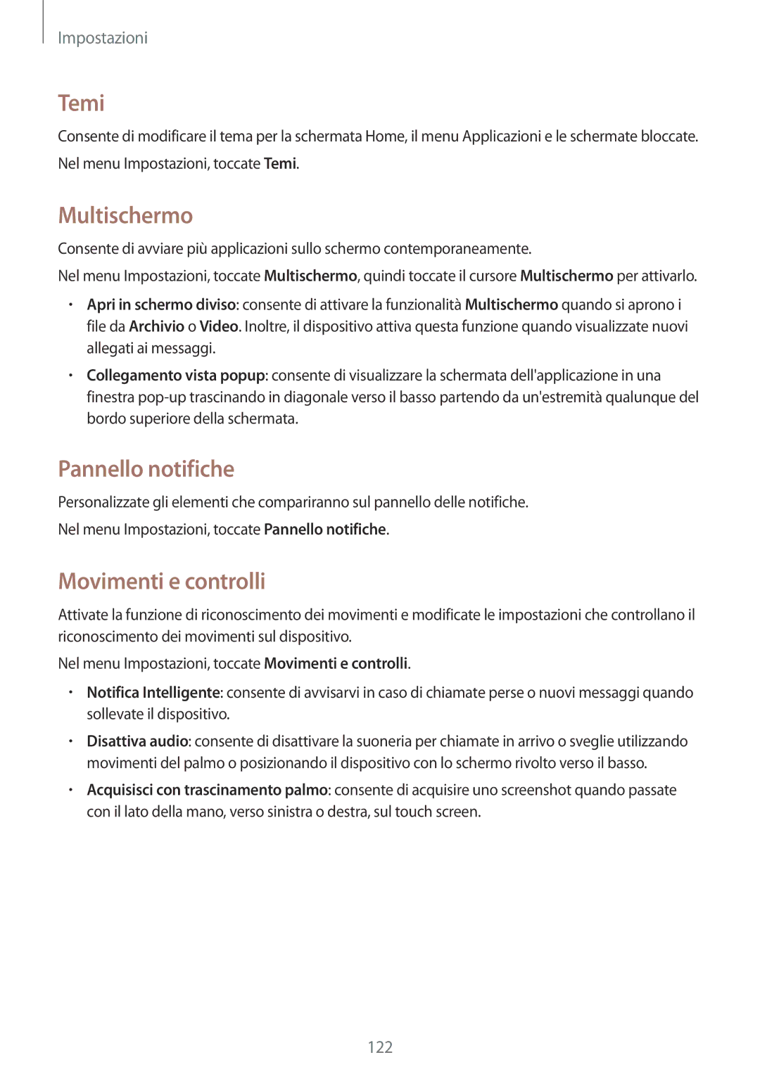 Samsung SM-A700FZWAXEF, SM-A700FZKADBT, SM-A700FZWADBT manual Temi, Multischermo, Pannello notifiche, Movimenti e controlli 