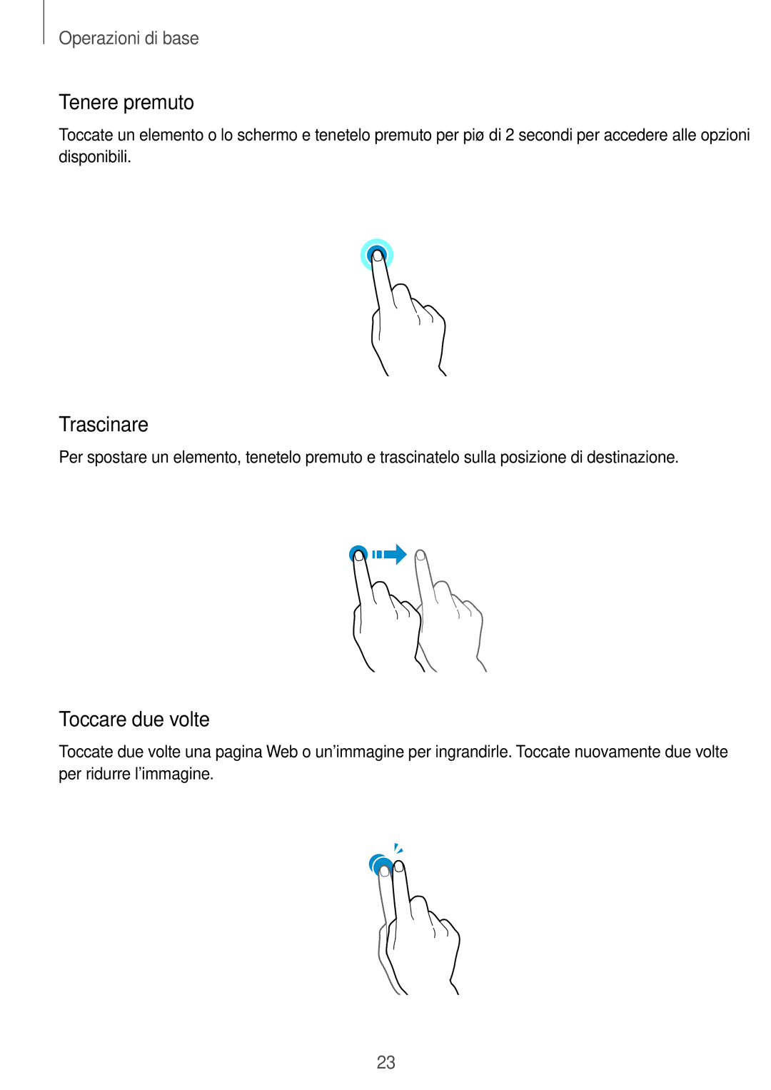 Samsung SM-A700FZKAITV, SM-A700FZKADBT, SM-A700FZWADBT, SM-A700FZWAXEF manual Tenere premuto, Trascinare, Toccare due volte 