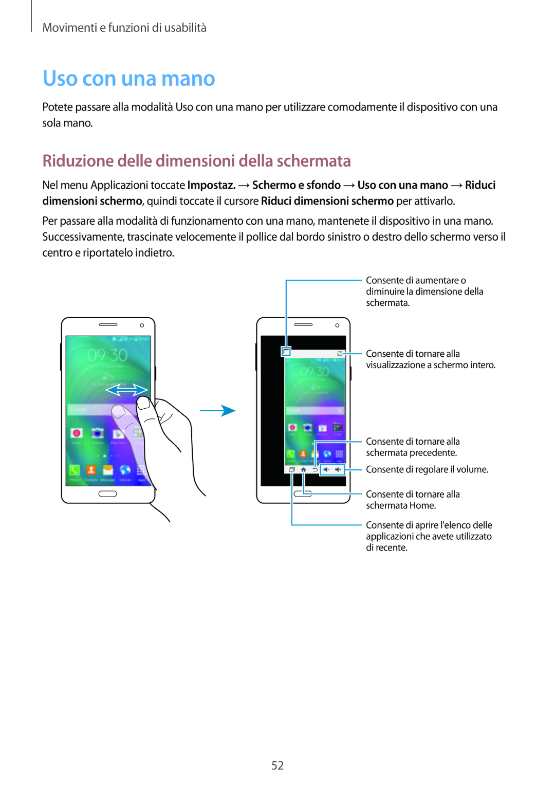 Samsung SM-A700FZKAXEO, SM-A700FZKADBT, SM-A700FZWADBT manual Uso con una mano, Riduzione delle dimensioni della schermata 